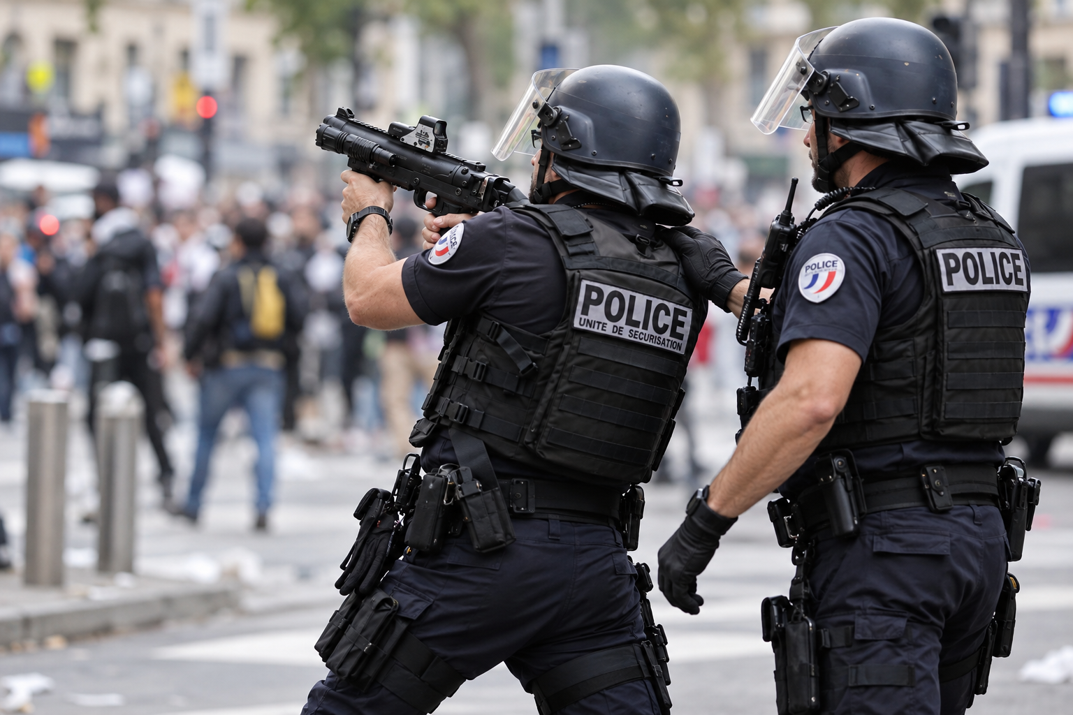 Policía francesa durante los disturbios de las protestas en Francia